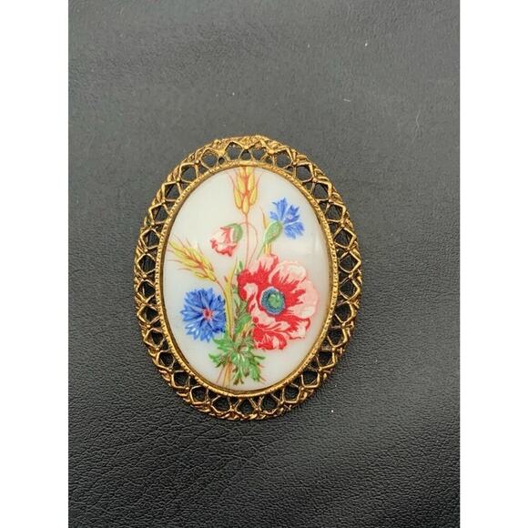 Vintage Large White Glass w Blue & Red Flowers Oval in Faux Bamboo Goldtone Fram - Picture 1 of 4